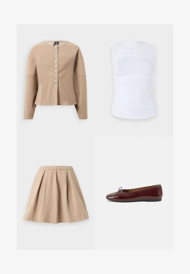 Cardigan beige hecho de tejido texturizado, con un escote redondo, mangas largas y un cierre frontal de botones con siete botones blancos.; Top blanco sin mangas hecho de una tela suave y elástica con detalles fruncidos a lo largo de los lados, con un escote redondo y una silueta ajustada.; Falda plisada color canela hecha de tela texturizada, con una cintura ceñida y un diseño acampanado que llega hasta la mitad del muslo.; Bailarina de charol burdeos con punta redonda, pequeño lazo en la parte frontal y una suela baja de goma negra. Textura suave.