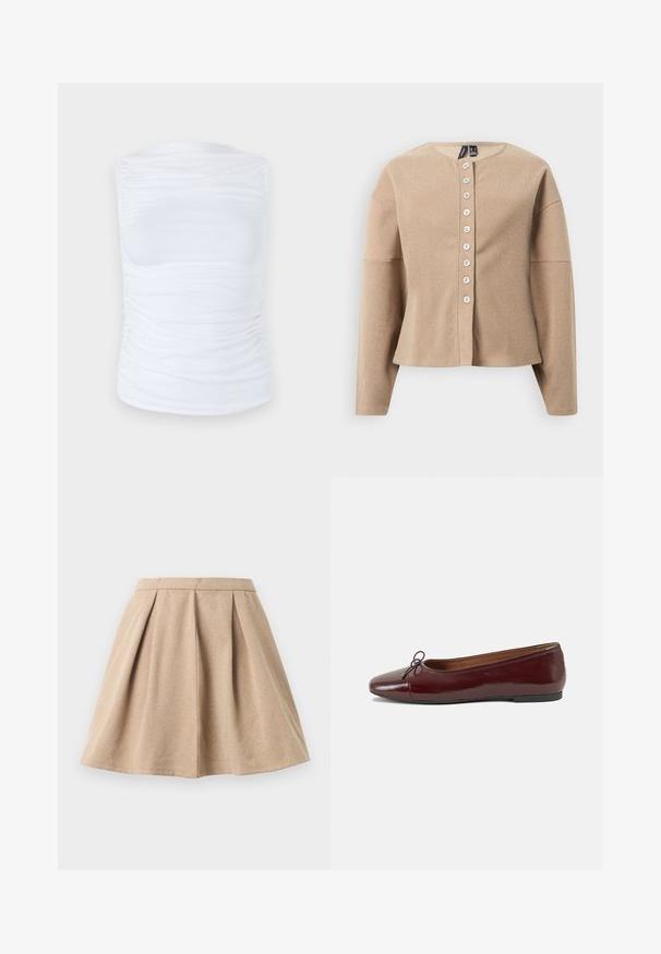 Beige cardigan laget av teksturert stoff, med rund hals, lange ermer og frontlukking med syv hvite knapper.; Hvit ermeløs topp laget av glatt, elastisk stoff med rynkedetaljer langs sidene, med rund halslinning og en tettsittende silhuett.; Beige plissert skjørt laget av teksturert stoff, med en tettsittende midjebånd og en utvidet design som strekker seg til midt på låret.; Burgunderrød lakk lær ballettleilighet med rund tå, liten sløyfe foran og en lav, svart gummisåle. Glatt tekstur.