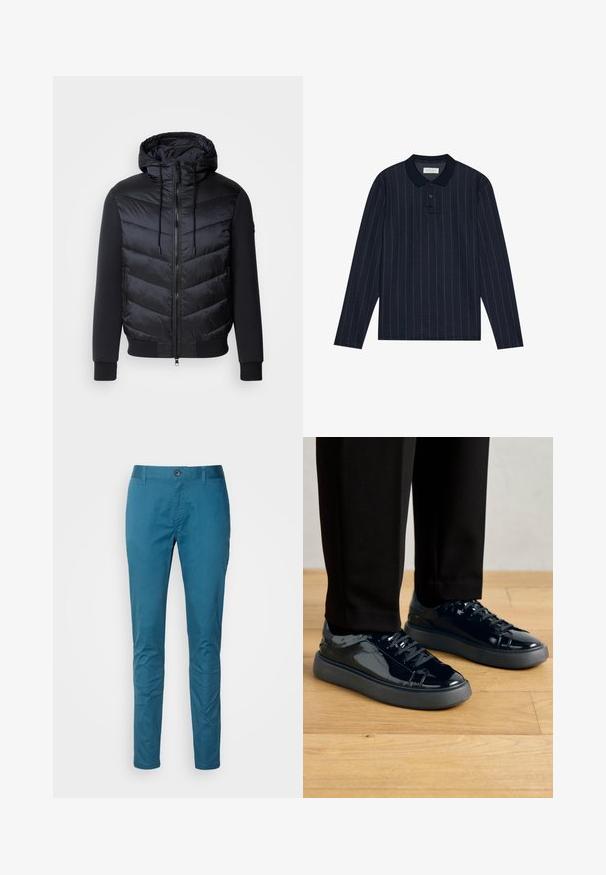 Padded jacket with a black, quilted front, textured sleeves, zip closure, and adjustable hood. Features side zip pockets.; Navy long-sleeve polo shirt with a collared neckline, featuring thin vertical stripes and three-button placket. Soft fabric texture.; Blue cotton chinos with a slim fit, smooth texture, front button closure, and belt loops. No visible patterns or embellishments.; Black patent leather sneakers with a textured rubber sole, round toe, and matching black laces, paired with black trousers on a wooden floor.