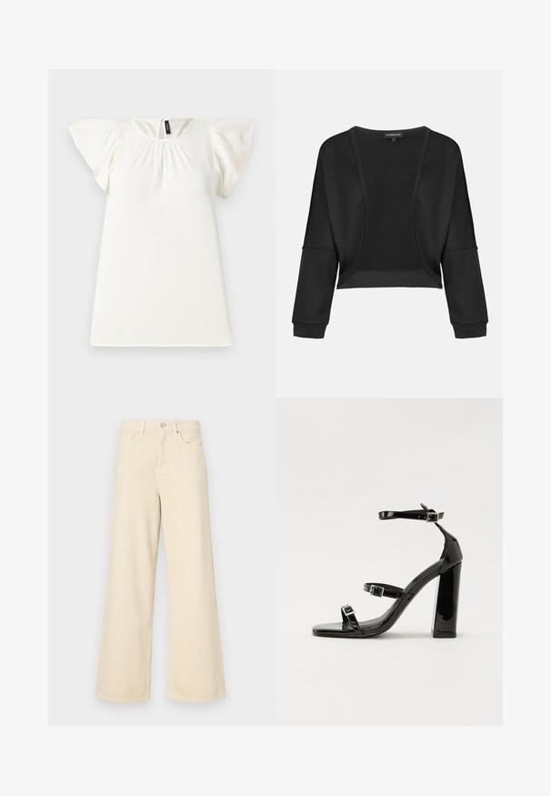 Melna īsā jaka ar garām piedurknēm, atvērta priekšpuse un teksturēta adīšanas paneļa. Gluda auduma ar brīvu, vaļīgu piegriezumu un elastīgām aprocēm.; Balts īsām piedurknēm tops ar savilkumu ap kaklu un plandošām piedurknēm, ar smalkiem šuvuma akcentiem uz pleciem. Gluda tekstūra.; Bežīgas platpēdas džinses, izgatavotas no kokvilnas. Iekļauj pogu aizdari, jostas cilpas un priekšējos kabatas ar gludu, mīkstu tekstūru.; Melnas lakotas augstpapēžu čības ar kvadrāta purngalu, potīšu siksniņām un sudraba sprādzēm. Aprīkotas ar masīvu bloku papēdi stabilitātei.