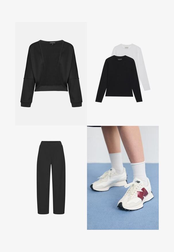 Črn skrajšan jopič z dolgimi rokavi, odprto spredaj in teksturiranim pletenim panelom. Gladek material z sproščenim, širokim krojem in elastičnimi manšetami.; Dva dolgoročna majici s dolgimi rokavi: ena črna in ena bela. Obe imata okrogel ovratnik in gladko, rebrasto teksturo. Logotip blagovne znamke je viden znotraj ovratnika.; Črne široke hlače iz gladkega, raztegljivega materiala, z visokim pasom in brez vidnih delov ali vzorcev.; Par belih športnih copat z maroon detajli, teksturiranimi paneli, ravnim črnim podplatom in svetlim vezalkami, obutih z belimi gležnjarji.