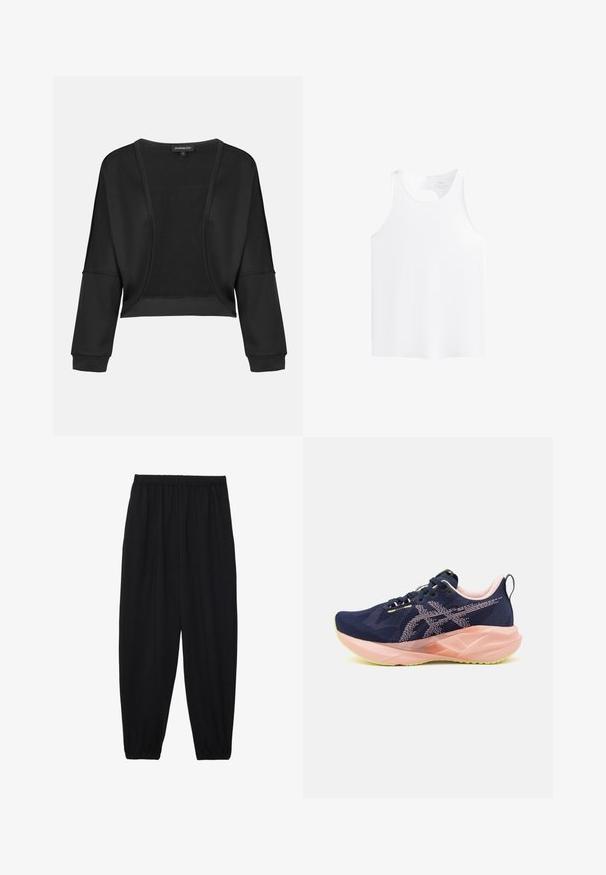 Black cropped jacket with long sleeves, open front, and a textured knit panel. Smooth fabric with a relaxed, loose fit and elastic cuffs.; White sleeveless tank top featuring a round cutout at the back, smooth texture, and a simple, straight shape.; Black, lightweight pants with an elastic waistband and gathered ankles. The fabric is smooth and features a relaxed, tapered design.; Navy blue running shoes with a mesh upper, pink accents, and green outsole. Features a distinctive shaped sole and lace-up design.