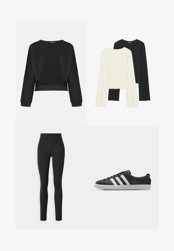 Giacca nera corta con maniche lunghe, apertura frontale e un pannello in maglia testurizzata. Tessuto liscio con un taglio rilassato e comodo, e polsini elasticizzati.; Set di due maglie a maniche lunghe, bianche e nere. Texture a coste, scollo tondo, design aderente con maniche leggermente svasate.; Leggings neri realizzati in un materiale elastico con un'alta vita, caratterizzati da una texture liscia e senza motivi o dettagli visibili.; Sneaker in pelle nera con design a tre strisce bianche, punta arrotondata, suola piatta in gomma bianca e dettaglio del marchio sul lato.
