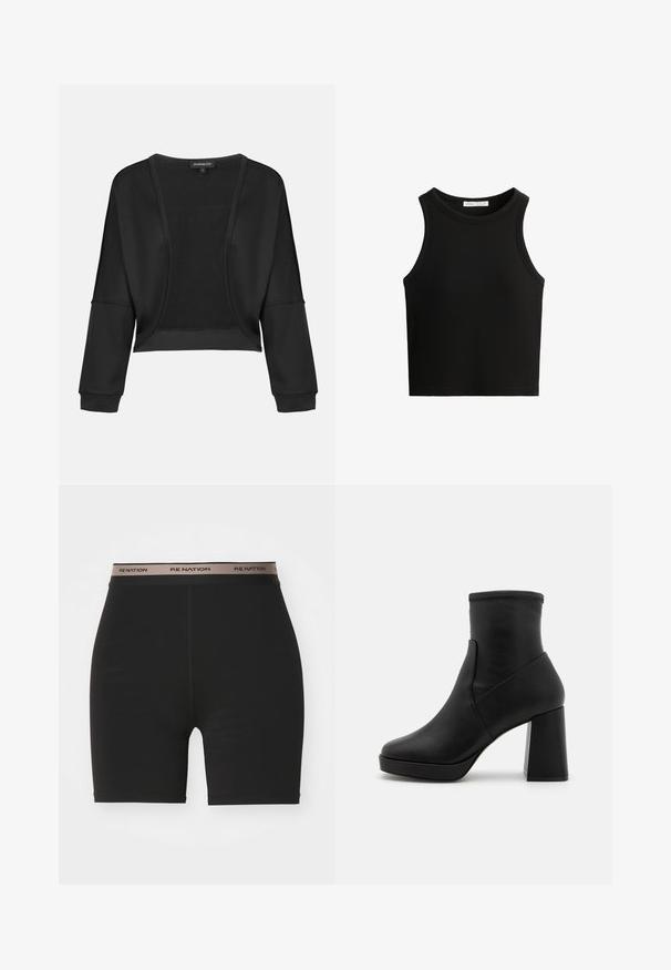 Giacca nera corta con maniche lunghe, apertura frontale e un pannello in maglia testurizzata. Tessuto liscio con un taglio rilassato e comodo, e polsini elasticizzati.; Top a canotta nero a coste, caratterizzato da un colletto rotondo e ampie aperture per le braccia. Il materiale sembra morbido con un design aderente.; Pantaloni da ciclismo neri realizzati in materiale elastico con un design aderente. Caratterizzati da un ampio elastico in vita con il marchio "P.E NATION".; Stivaletto in pelle nera con tacco a blocco alto, texture liscia e fascia superiore aderente. Presenta un design senza cuciture senza fissaggi visibili.