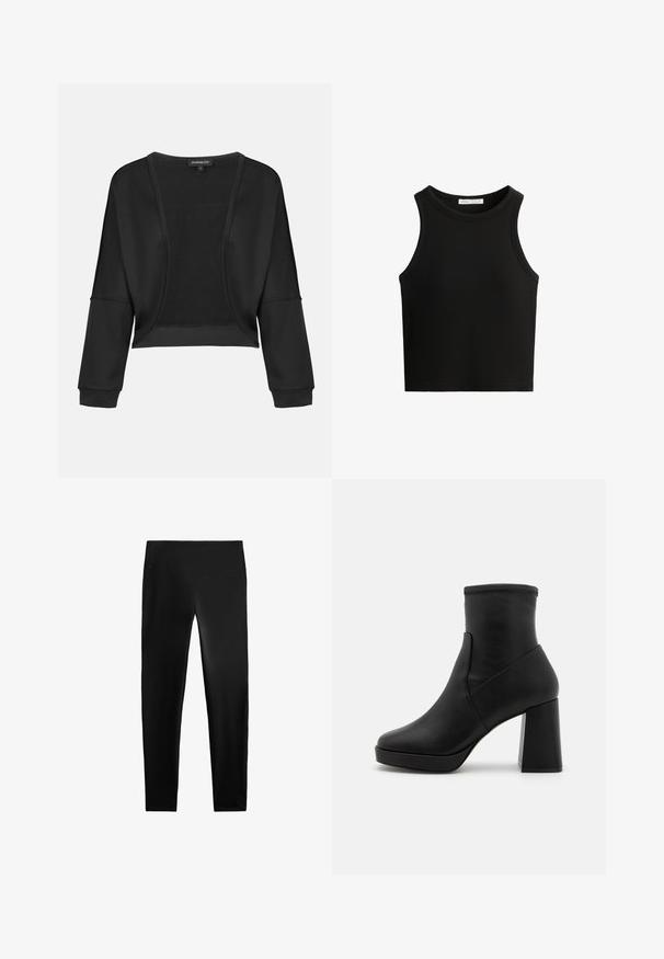 Čierna skrátená bunda s dlhými rukávmi, otvoreným predným dielom a textúrovanou pletenou panelou. Hladká tkanina s uvoľneným a voľným strihom a elastickými manžetami.; Čierny rebrovaný tielko s kruhovým výstrihom a širokými ramenami. Materiál vyzerá byť mäkký s priliehavým strihom.; Čierne legíny vyrobené z elastického materiálu, s vysokým pásom, priliehavým strihom a hladkou textúrou, bez viditeľných vzorov alebo akcentov.; Čierna kožená členková čižma s vysokým blokovým podpätkom, hladkou textúrou a priliehajúcou vrchnou časťou. Má bezšvový dizajn bez viditeľných zapínaní.