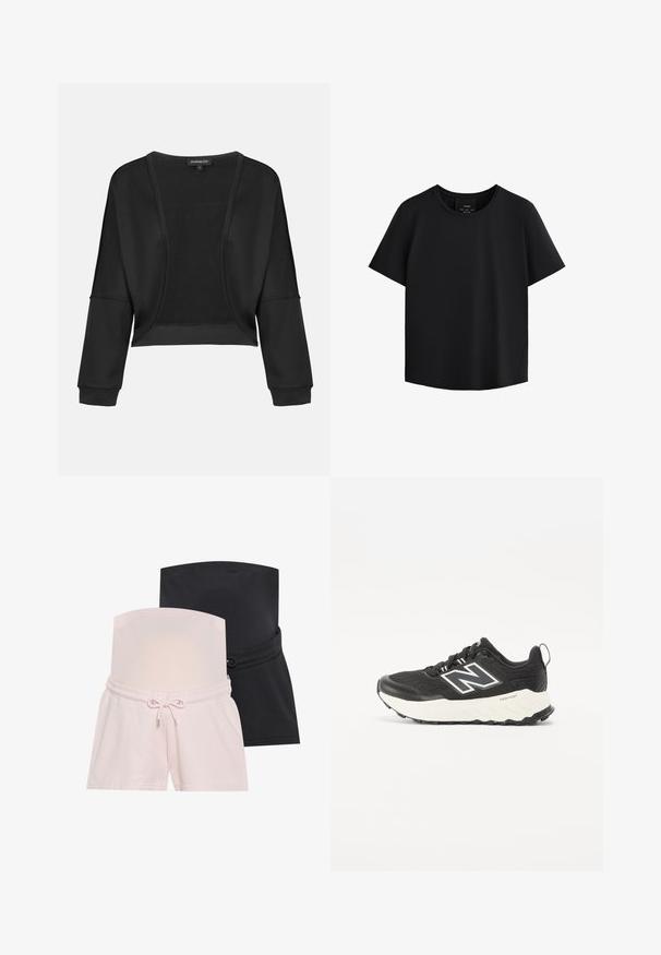 Črn skrajšan jopič z dolgimi rokavi, odprto spredaj in teksturiranim pletenim panelom. Gladek material z sproščenim, širokim krojem in elastičnimi manšetami.; Črna kratkosleeve majica s okroglim izrezom, izdelana iz gladkega materiala, z ravnim krojem in diskretnimi stranskimi šivi za oblikovanje.; Dva para nosečih kratkih hlač: ene so roza, druge pa črne. Obe imata elastični pas in vrvico za prilagodljivo prileganje.; Črne športne čevlje z zgornjim delom iz teksturirane tkanine, kontrastno belo srednje podplat in izrazitim sivim logotipom ob strani. Gumijast podplat z oprijemom.