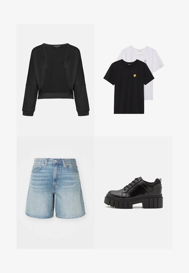 Černá zkrácená bunda s dlouhými rukávy, otevřeným předním dílem a texturovaným pleteným panelem. Hladký materiál s uvolněným, volným střihem a elastickými manžetami.; Černé a bílé trička, kulatý výstřih, krátké rukávy. Černé tričko má žlutou výšivku slunce; bílé má fialový akcent měsíce v podobě půlměsíce.; Světle modré džíny šortky se rovný střih, pěti kapsami, poutky na opasek a mírně roztrhaným lemem. Klasická textilie a povrchová úprava džínoviny.; Černé kožené platformové boty s masivním blokovým podpatkem, kulatou špičkou a tradičním šněrováním. Mají hladký povrch a minimální detaily.