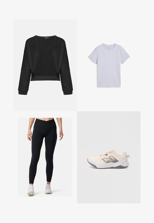 Giacca nera corta con maniche lunghe, apertura frontale e un pannello in maglia testurizzata. Tessuto liscio con un taglio rilassato e comodo, e polsini elasticizzati.; T-shirt azzurro chiaro a maniche corte con scollatura rotonda, realizzato in tessuto testurizzato, con un logo bianco nella parte superiore sinistra.; Leggings neri con vita alta, realizzati in materiale elasticizzato. Presentano un design senza cuciture e un discreto dettaglio del logo vicino alla parte superiore.; Sneaker atletico di un beige chiaro con suola grigia, logo "N" grigio scuro e dettagli bordeaux, visto dal lato sinistro su uno sfondo bianco.