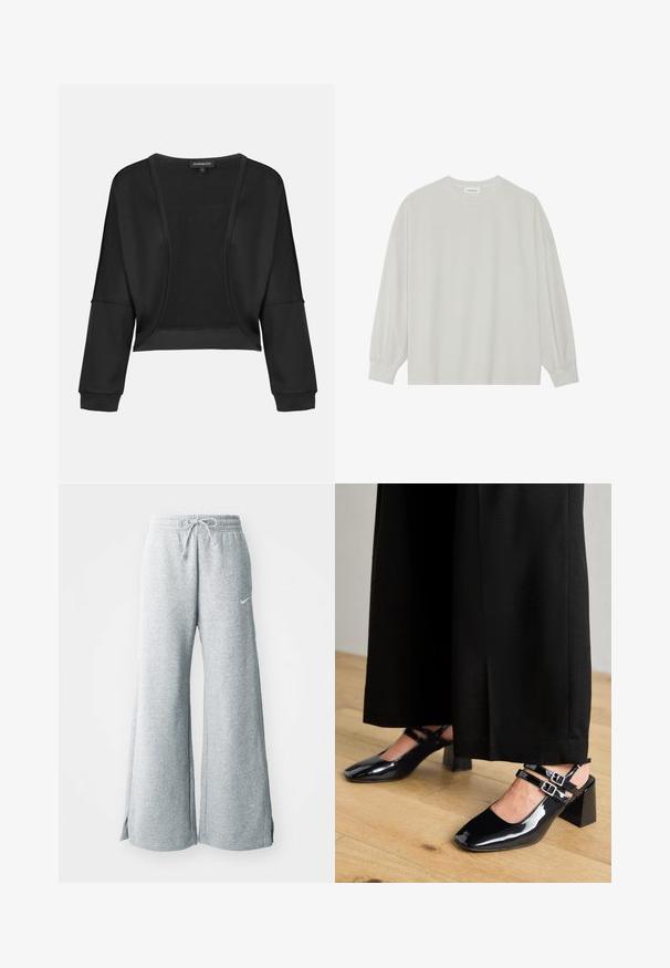 Casaquinho preto cropped com mangas longas, frente aberta e um painel de malha texturizada. Tecido suave com um caimento relaxado e solto e punhos elásticos.; Camisola de manga longa cinza clara, feita de algodão suave. Apresenta um corte solto, decote redondo e punhos ligeiramente franzidos. Sem padrões nem gráficos.; Calças de treino cinza claro feitas de um tecido suave, com cintura com cordão, pernas largas e fendas laterais. Logotipo da Nike discretamente exibido.; Sapatos slingback de verniz preto com biqueiras quadradas, apresentando duas tiras ajustáveis no tornozelo e saltos blocados. Acabamento liso e brilhante.