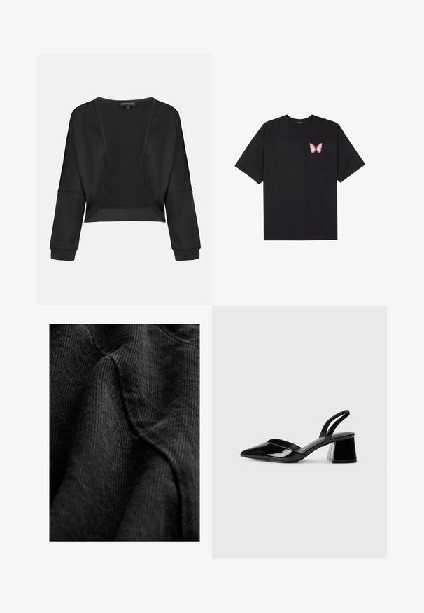 Musta lühike jakki, millel on pikad varrukad, avatud eesmine osa ja tekstuuriga kudum. Sile kude, lõdva ja vaba siluett ning elastsed mansetid.; Must muströöpidega must puuvillane T-särk, vasakul rinnal on väike roosa liblikas. Ümar kaelus ja vabalt istuv lõige.; Must värvitud kangas, millel on kudumis muster, välja kujundanud pehmed, sujuvad jooned ja kerge läige, riputatuna, et rõhutada kontuure ja sügavust.; Mustad musta lakknahk kingad, millel on terav varvas ja geomeetriline plokkkonts. Omab elegantselt minimalistlikku disaini ja sujuvat tekstuuri.