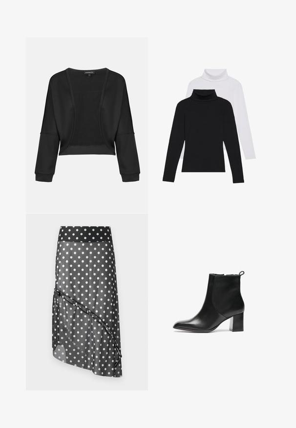 Svart avkortet jakke med lange ermer, åpen front og et teksturert strikkpanel. Glatt stoff med en avslappet, romslig passform og elastiske mansjetter.; Sorte og hvite langermede turtlenecks stablet, laget av ribbestrikket stoff, med figursydde former og høye krager.; Svart polkadotter-skjørt med en gjennomsiktig overdel, med bred livlinje og lagdelt, asymmetrisk design. Glatt tekstur og lett materiale.; Svarte skinn ankelstøvler med rund tå, middels høy blokkhæl og en trekkflik bak. Glatt tekstur, minimalistisk design.