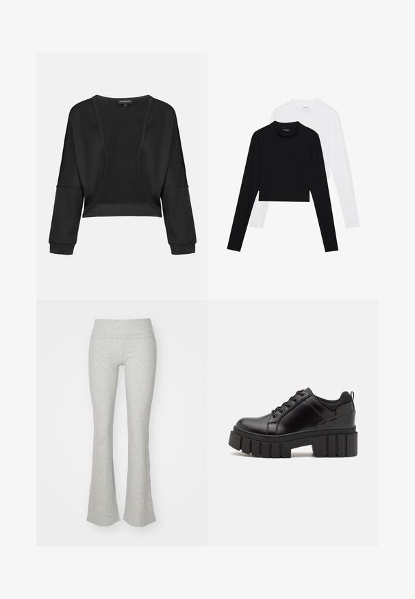 Casaquinho preto cropped com mangas longas, frente aberta e um painel de malha texturizada. Tecido suave com um caimento relaxado e solto e punhos elásticos.; Conjunto de dois tops curtos de manga longa em preto e branco. Feitos de um tecido suave, com decote redondo e silhueta ajustada.; Leggings em cinza claro, com corte flare, feitos de tecido canelado e com uma cinta larga e elástica. Apresentam um design ajustado que se alarga na barra.; Sapatos de plataforma em couro preto com um salto bloco robusto, bico redondo e design clássico de atacadores. Apresentam uma textura suave e detalhes mínimos.