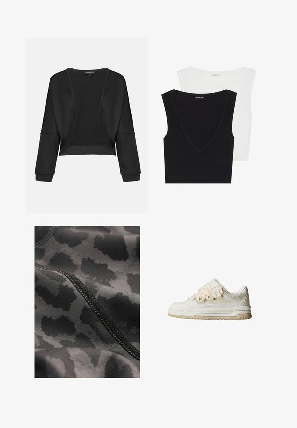 Veste noire cropped avec manches longues, devant ouvert et un panneau en tricot texturé. Tissu lisse avec une coupe décontractée et ample, et des poignets élastiques.; Deux tops sans manches côtelés en noir et blanc. Les deux ont des encolures en V et sont fabriqués dans un tissu doux. L'étiquette est visible sur le top noir.; Tissu athlétique noir avec un motif léopard subtil. Texture lisse avec des détails de couture visibles le long des bords.; Baskets basses en cuir blanc cassé avec accents en mesh, équipées de lacets épais, d'une semelle rembourrée et de détails texturés sur la tige.
