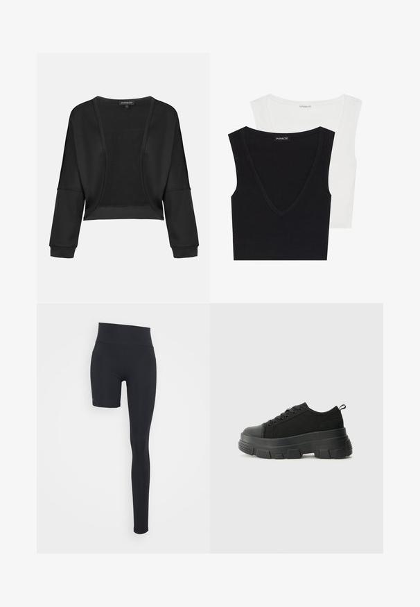 Crna skraćena jakna dugih rukava, otvorenog prednjeg dijela i propletenog panele. Glatka tkanina s opuštenim, slobodnim krojem i elastičnim manžetama.; Dva bez rukava rebrasta topa u crnoj i bijeloj boji. Oba imaju V-izrez i mekani materijal. Oznaka vidljiva na crnom topu.; Even&Odd active ADAPTIVE LEGGINGS - Tajice - black/short right leg; Crne tenisice s debelim gumenenim potplatom, teksturiranim gornjim dijelom od tkanine, okruglim vrhom i dizajnom s vezicama. Imaju pojačane rupice za vezice i dodatak za povlačenje straga.