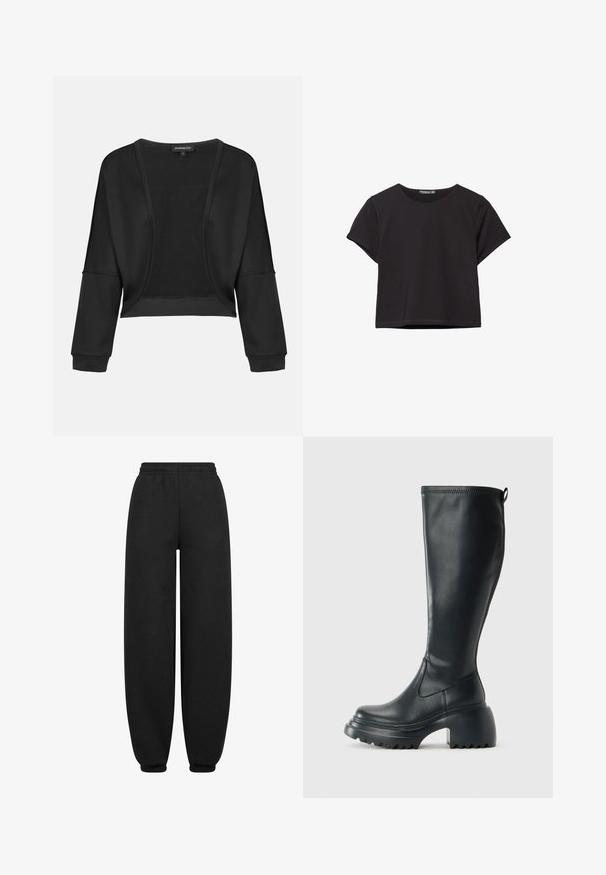 Černá zkrácená bunda s dlouhými rukávy, otevřeným předním dílem a texturovaným pleteným panelem. Hladký materiál s uvolněným, volným střihem a elastickými manžetami.; Černý krátký rukávový crop top z měkké látky, s kulatým výstřihem a volnějším střihem s rovnou spodní částí.; Černé tepláky s volným střihem, elastickým pasem a zúženými manžetami. Vyrobené z měkké, hladké tkaniny bez viditelných vzorů.; Vysoká černá kožená bota s masivní platformou a blokovým podpatkem, s poutkem a texturovaným vzorkem na podrážce.