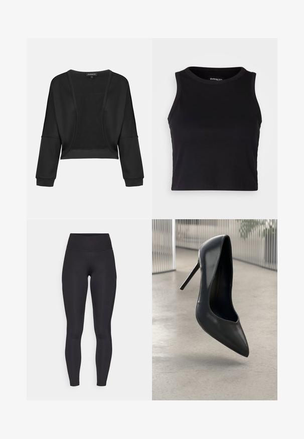 Giacca nera corta con maniche lunghe, apertura frontale e un pannello in maglia testurizzata. Tessuto liscio con un taglio rilassato e comodo, e polsini elasticizzati.; Top corto a costine nero con scollatura rotonda e design senza maniche. Realizzato in tessuto morbido ed elastico, presenta bordi rifiniti con cura.; Nike Performance FAST 7/8 - Leggings - black/white; Décolleté nera in pelle con tacco alto, punta affusolata, design elegante e senza hardware visibile. Texture liscia e stile minimalista.