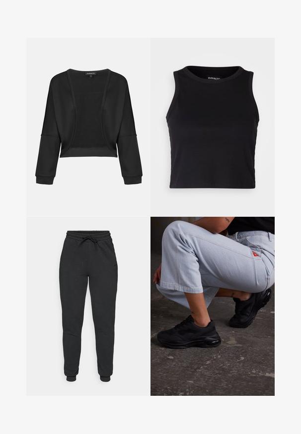 Crna skraćena jakna dugih rukava, otvorenog prednjeg dijela i propletenog panele. Glatka tkanina s opuštenim, slobodnim krojem i elastičnim manžetama.; Crna rebrasta kratka majica bez rukava s okruglim izrezom. Izrađena od mekog, rastezljivog materijala, s urednim rubovima.; Crne trenirke od mekog pamuka, s elastičnim pojasom sa špagurom, manžetama na gležnjevima i suptilnim bočnim brendingom.; Crne atletske tenisice s teksturiranom gornjom stranom, debelim potplatom i zračnim amortizerom. Uparene s svijetloplavim skraćenim hlačama u ležernom stavu.