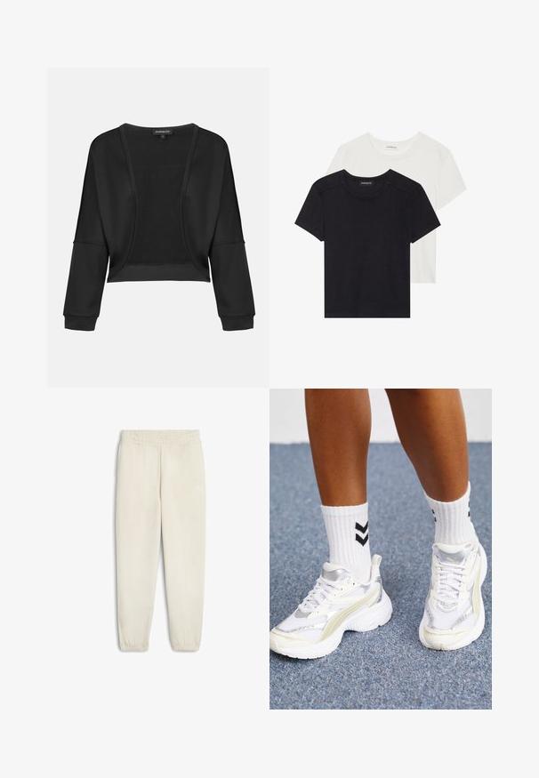 Svart cropped jacka med långa ärmar, öppen framsida och en strukturerad stickad panel. Slät tyg med en avslappnad, lös passform och elastiska ärmslut.; Två kortärmade T-shirts i svart och vitt. Tillverkade av mjuk bomull, med rund halsringning och normal passform, med minimala sömnadsdetaljer.; Ljusbeige sweatpants gjorda av mjukt tyg, med ett elastiskt midjeband, manschetter vid anklarna och en liten vit logotyp på sidan.; Vita sneakers med silverdetaljer, meshmaterial, och en chunky design. Matchas med vita strumpor med svarta chevronmönster.