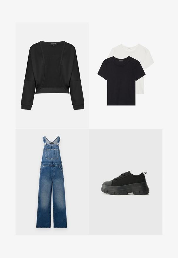 Črn skrajšan jopič z dolgimi rokavi, odprto spredaj in teksturiranim pletenim panelom. Gladek material z sproščenim, širokim krojem in elastičnimi manšetami.; Dve kratke majice s kratkimi rokavi v črni in beli barvi. Narejene so iz mehke bombažne tkanine, s krožnim izrezom in klasičnim krojem z minimalnimi detajli šivanja.; Denim kombinezon s širokimi nogami, nastavljivimi trakovi, sprednjim žepom in gumbi na straneh. Temno modra z zbledelimi akcenti.; Črne teniske z debelim gumijastim podplatom, zgornji del iz teksturirane tkanine, okrogla punta in zavezovanje z vrvicami. Vključujejo ojačane luknje za vrvice in zanko na hrbtu.