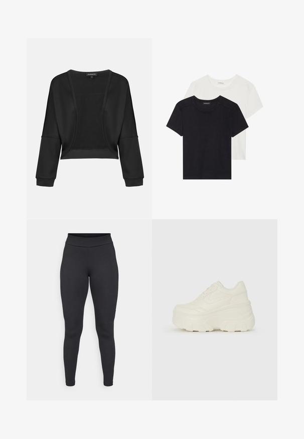 Fekete, rövidített dzseki hosszú ujjakkal, nyitott elülső résszel és texturált kötött panelekkel. Sima anyag, laza, bő szabással és rugalmas mandzsettákkal.; Két rövid ujjú póló fekete és fehér színben. Puha pamutból készült, kerek nyakkivágással és szabványos illeszkedéssel, minimális varrási részletekkel.; Fekete leggings rugalmas anyagból, magas derékkal, testhez álló fazonnal és sima textúrával, látható minták vagy díszítések nélkül.; Fehér platform sportcipők, sima bőrszerű felsőrésszel, kerek formával, párnázott bokával és texturált gumitalppal, jól definiált mintázattal.