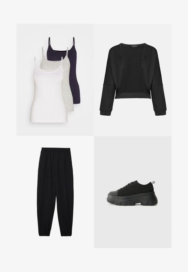 Juodas trumpas švarkas su ilgomis rankovėmis, atvira priekyje ir tekstūruotu megztu paneliu. Sklandi medžiaga su laisvu, laisvu pjaustymu ir elastingomis rankovių gumomis.; Trys marškinėliai be rankovių balta, pilka ir tamsiai mėlyna spalvomis. Pagaminti iš minkštos medvilnės, turi plonas juostas ir prigludusį dizainą be puošmenų.; Juodi, lengvi kelnių su elastinga juosmens juosta ir surinktais kulkšniais. Audinys yra lygus ir turi atsipalaidavusį, siaurėjantį dizainą.; Juodos sportinės bateliai su stambiu guminiais padu, tekstūrizuotu audinio viršumi, apvaliu pirštu ir raištelių uždarymu. Yra sutvirtinti akių angos ir nugaros kilputė.