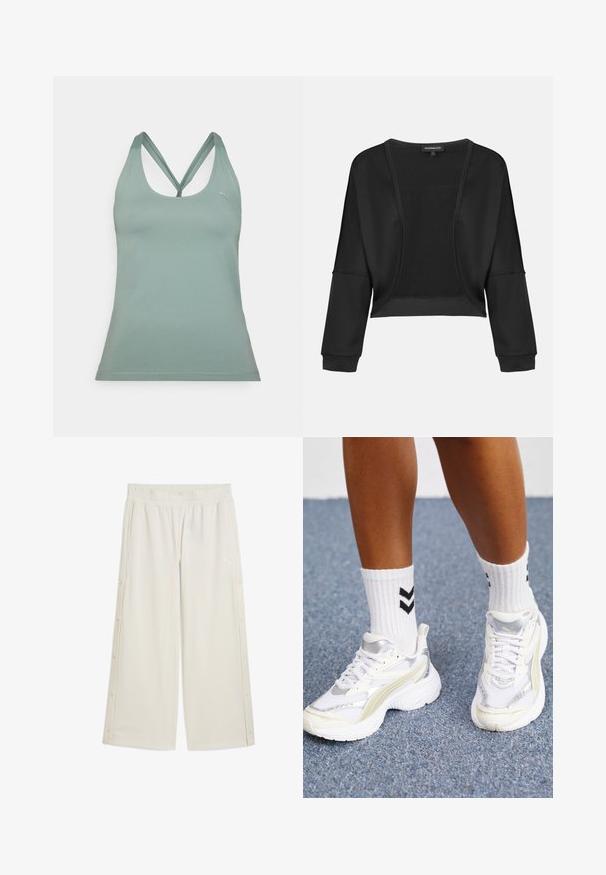 Juodas trumpas švarkas su ilgomis rankovėmis, atvira priekyje ir tekstūruotu megztu paneliu. Sklandi medžiaga su laisvu, laisvu pjaustymu ir elastingomis rankovių gumomis.; Šviesiai žalias sportinis tankinis su apvaliu kaklu, kryžminėmis petnešėlėmis ir prigludusia forma. Pagamintas iš lygios, tamprios medžiagos.; Šviesiai rudų plačių kelnių su elastinga juosta, šoninėmis užtrauktukais ir maža logotipu priekyje. Pagamintos iš lygaus, lengvo audinio.; Baltos sportbačiai su sidabro akcentais, tinklelio medžiaga ir masyvūs dizainai. Suderinti su baltais kojiniais, turinčiais juodus zigzago raštus.