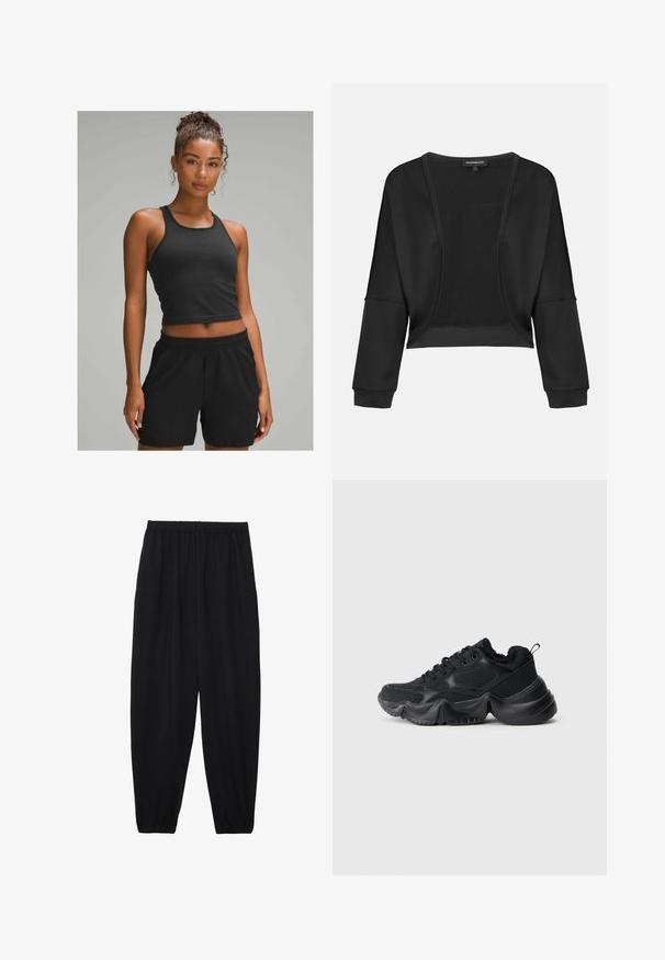 Črn skrajšan jopič z dolgimi rokavi, odprto spredaj in teksturiranim pletenim panelom. Gladek material z sproščenim, širokim krojem in elastičnimi manšetami.; Črn rebrast športni top skratka, v kombinaciji s črnimi kratkimi hlačami z elastičnim pasom. Gladka tekstura, prilegajoča se zasnova, primerna za športno obleko.; Črne, lahke hlače z elastičnim pasom in nabranimi gležnji. Tkanina je gladka in ima sproščen, taperiran dizajn.; Črne teniske z mešanico gladkih in teksturiranih materialov, debelimi podplati, zaobljenim oblikovanjem in dekorativnim šivom. Imajo mehak, puhast zavihek.