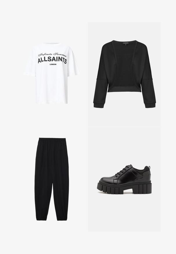 Zwarte cropped jas met lange mouwen, open voorkant en een textuur gebreide inzet. Glad materiaal met een relaxte, loose fit en elastische manchetten.; Witte katoenen t-shirt met zwarte bedrukte tekst "Infinite Summer ALLSAINTS LONDON" in vetgedrukte en cursieve lettertypen, relaxte pasvorm, korte mouwen.; Zwarte, lichte broek met een elastische tailleband en gathered enkels. De stof is glad en heeft een ontspannen, taps toelopend ontwerp.; Zwarte leren platform schoenen met een stevige blokhak, ronde neus en een traditionele vetersluiting. Kenmerkt zich door een gladde textuur en minimale details.