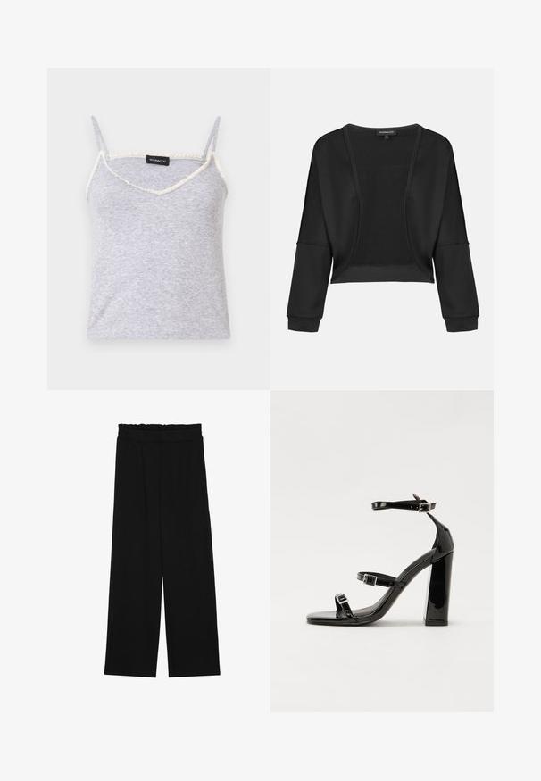 Melna īsā jaka ar garām piedurknēm, atvērta priekšpuse un teksturēta adīšanas paneļa. Gluda auduma ar brīvu, vaļīgu piegriezumu un elastīgām aprocēm.; Pelēks ribots tanka krekls ar regulējamiem spaghetti plecu siksniņām. Iezīmē v-veida kakla izgriezumu un saplēstu krēma krāsas apdari gar malām.; Melnas platās bikses ar volangām jostasvietā, ar divām sānu kabatām un gludu, vieglu audumu. Nav redzamu rakstu vai aksesuāru.; Melnas lakotas augstpapēžu čības ar kvadrāta purngalu, potīšu siksniņām un sudraba sprādzēm. Aprīkotas ar masīvu bloku papēdi stabilitātei.