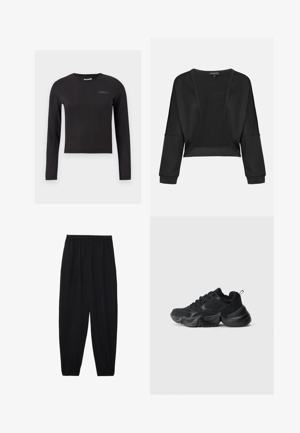 Fekete, rövidített dzseki hosszú ujjakkal, nyitott elülső résszel és texturált kötött panelekkel. Sima anyag, laza, bő szabással és rugalmas mandzsettákkal.; Fekete, hosszú ujjú crop top, rugalmas anyagból készült, kerek nyakkivágással és kis logóval a mellkasán.; Fekete, könnyű nadrág elasztikus derékkal és ráncolt bokákkal. Az anyag sima és laza, szűkített dizájnnal rendelkezik.; Fekete sportcipők sima és textúrált anyagok keverékével, vastag talppal, kerek formával és díszítő varrással. Puha, plüss szegéllyel rendelkezik.