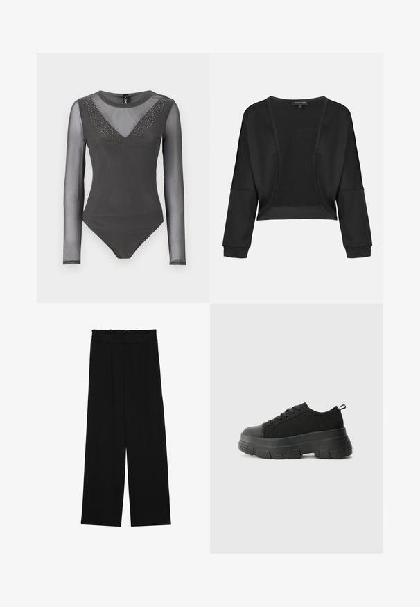 Casaquinho preto cropped com mangas longas, frente aberta e um painel de malha texturizada. Tecido suave com um caimento relaxado e solto e punhos elásticos.; Bodysuit de mangas longas em cinza escuro, com decote de malha transparente e strass decorativos formando um padrão em forma de V. Material macio e ajustado.; Calças largas pretas com um cinto franzido, apresentando dois bolsos laterais e um tecido suave e leve. Sem padrões ou ferragens visíveis.; Sneakers pretos com sola de borracha robusta, parte superior de tecido texturizado, bico redondo e design de atacadores. Apresenta ilhós reforçados e uma alça na parte posterior.
