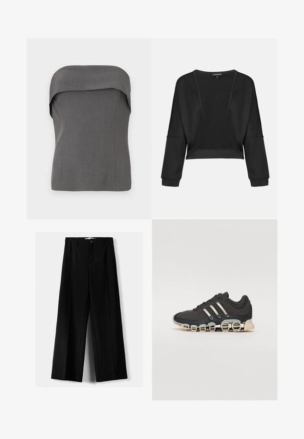 Črn skrajšan jopič z dolgimi rokavi, odprto spredaj in teksturiranim pletenim panelom. Gladek material z sproščenim, širokim krojem in elastičnimi manšetami.; Siva bezramni top z zloženim dizajnom na izrezu, strukturiran kroj in gladka tekstura tkanine. Brez vidnih vzorcev ali kovinskih delov.; Črne široke hlače iz lahkega materiala, z zapiranjem na gumb spredaj in ravnim sprednjim delom, s skrbno zašiti robovi.; Črne športne čevlje z teksturiranim zgornjim delom, tremi srebrnimi črtami in značilno blažilno podplatom, ki vključuje več integriranih delov.