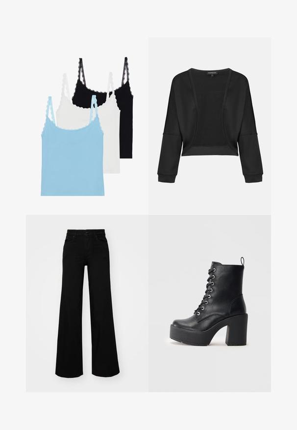 Melna īsā jaka ar garām piedurknēm, atvērta priekšpuse un teksturēta adīšanas paneļa. Gluda auduma ar brīvu, vaļīgu piegriezumu un elastīgām aprocēm.; Trīs topiņi ar mežģīņu apdari: viens gaiši zils, viens balts un viens melns. Izgatavoti no mīksta materiāla ar pieguļošu formu.; Melni plaša kāju bikses, izgatavotas no džinsa, ar strukturētu jostu, jostu cilpiņām un priekšējām kabatām. Gluda tekstūra ar klasisku dizainu.; Melnas ādas potītes zābaki ar masīvu blokveida papēdi, auklu aizdari un teksturētu virsmu. Iekļauts aizmugurē esošs cilpiņas elements vieglai uzvilkšanai.