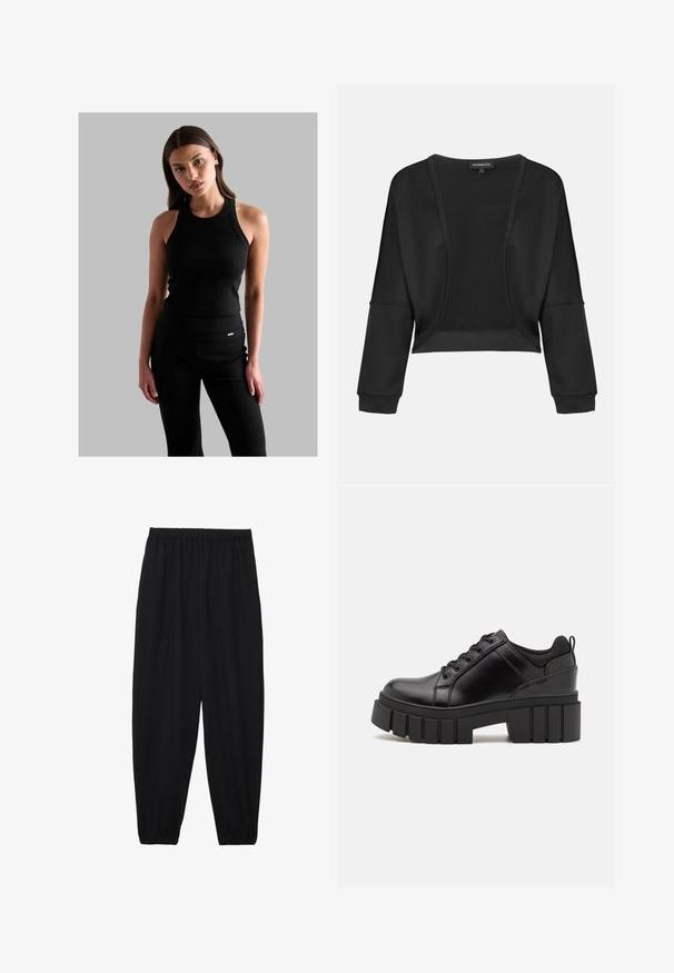 Črn skrajšan jopič z dolgimi rokavi, odprto spredaj in teksturiranim pletenim panelom. Gladek material z sproščenim, širokim krojem in elastičnimi manšetami.; Črn rebrast top brez rokavov z okroglim ovratnikom, prilagojena zasnova in tanke naramnice, v kombinaciji s črnimi hlačami z visokim pasom, ki vsebujejo majhen logotip.; Črne, lahke hlače z elastičnim pasom in nabranimi gležnji. Tkanina je gladka in ima sproščen, taperiran dizajn.; Črne usnjene platforme z debelim blokastim petam, okroglo konico in klasičnim vezanjem. Imajo gladko teksturo in minimalne podrobnosti.