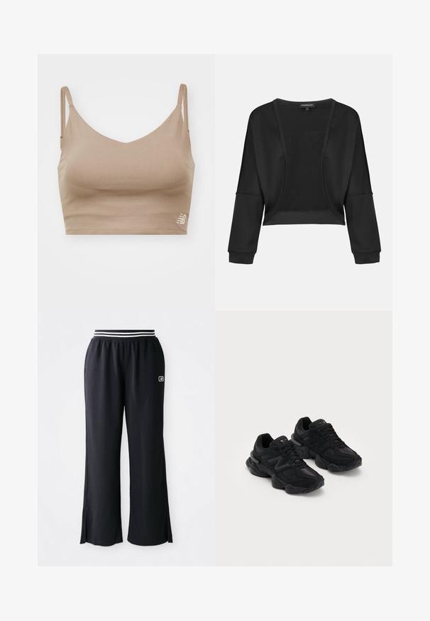 Black cropped jacket with long sleeves, open front, and a textured knit panel. Smooth fabric with a relaxed, loose fit and elastic cuffs.; New Balance HARMONY LIGHT SUPPORT - Top - mushroom; Black athletic pants with a wide leg design, elastic waistband featuring black and white stripes, and side slits at the hem.; Black athletic shoes with a textured upper, featuring a prominent "N" logo, cushioned sole, and a sleek, modern silhouette.