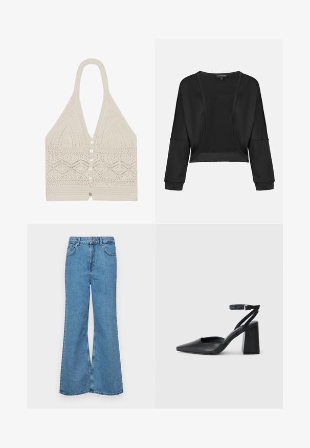 Crna skraćena jakna dugih rukava, otvorenog prednjeg dijela i propletenog panele. Glatka tkanina s opuštenim, slobodnim krojem i elastičnim manžetama.; Pleteni halter top u krem boji, s geometrijskim uzorkom, dubokim V-izrezom i pet dugmadi na prednjoj strani s teksturiranim završetkom na rubu.; Svijetloplave traperice s flared nogavicama, visokog struka, s pet džepova i jednim dugmetom za zatvaranje. Mekani materijal s izblijedjelim izgledom.; Crne kožne cipele s špicastim vrhom, remenom oko gležnja i debelim potplatom. Ravna tekstura, elegantan dizajn i minimalistička estetika.