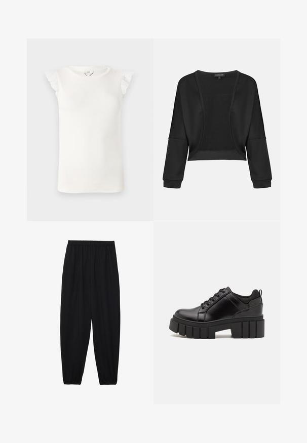 Musta lühike jakki, millel on pikad varrukad, avatud eesmine osa ja tekstuuriga kudum. Sile kude, lõdva ja vaba siluett ning elastsed mansetid.; Valge ilma varrukateta topp soonilise tekstuuriga, millel on pitsist rippuvad aksessuaarid õlgadel ja ümmargune kaelus.; Mustad, kerge kangas püksid elastse vöökoha ja kokku volditud pahkluudega. Kanga pind on sile ja disain on lõdvestunud, kitsenev.; Must musta platvormsussid paksu plokkninal, ümmarguse varbaga ja traditsioonilise nööridega kinnitamisega. Sussid on sileda tekstuuriga ja minimaalsete detailidega.