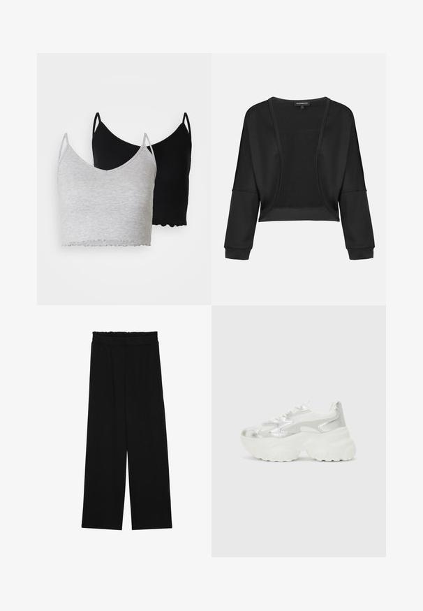 Musta lühike jakki, millel on pikad varrukad, avatud eesmine osa ja tekstuuriga kudum. Sile kude, lõdva ja vaba siluett ning elastsed mansetid.; Even&Odd 2 PACK - Topp - black/light grey; Mustad laiad püksid rüüstatud vöökohtadega, millel on kaks küljetaskut ja ühetaoline, kerge kangas. Ilma nähtavate mustrite või seadmeteeta.; Hõbedane sneaker, millel on tekstuuriga võrgust ülemine osa ja iridesSentne aktsent, pakub tummist valget tallat ja nööridega sulgemist.