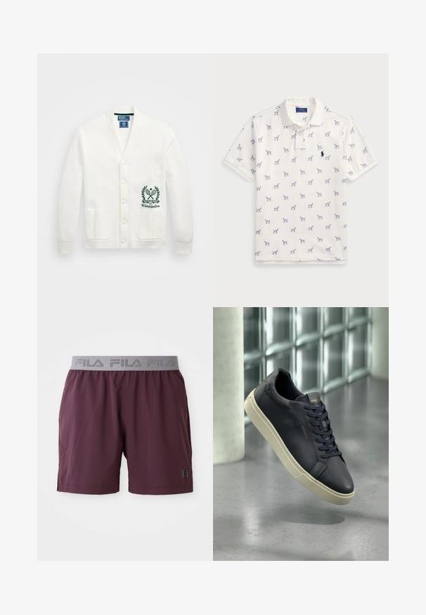 Valge kardigan V-kaelusega, viie nööbiga, kahe esikotiga ja rohelise Wimbledoni logoga, mis on brodüüritud vasakule poole. Pehme kangast tekstuur.; Valge puuvillane polo särk, millel on korduv sinine koera muster ja väike sinine logo rinnal. Lühikesed varrukad ja krae.; Tumedad spordilised lühikesed püksid, mis on valmistatud kergetest materjalidest, halli elastse vöökoha ja "FILA" logoga ning küljetaskutega.; Tumes naha teksasisneaker ümmarguse varbaga, lame paeltega ja tekstuurse tallaga; omaduseks on logo keeles, mida kontrasteerib kreemivärvi tald.