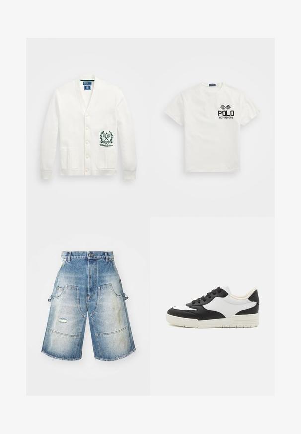 White cardigan with a v-neck, five buttons, two front pockets, and a green Wimbledon logo embroidered on the left side. Soft fabric texture.; White cotton T-shirt with a round neck, featuring a black "Polo Motorsport" logo and crossed checkered flags on the left chest.; Denim shorts with a faded light blue color, featuring four pockets, a distressed detail, and a wide, straight cut. Reinforced stitching.; Black and white sneaker with a smooth leather upper, rounded toe, and flat rubber sole. Features black laces and soft inner lining.