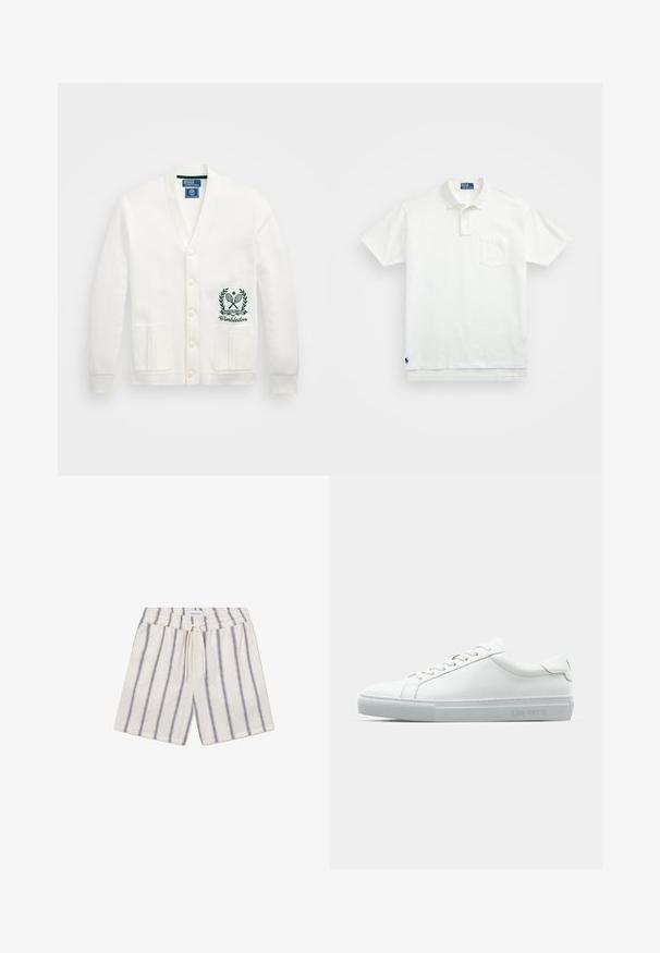 Biely cardigan s výstrihom do V, piatimi gombíkmi, dvomi prednými vreckami a zeleným vyšitým logom Wimbledonu na ľavej strane. Mäkká tkanina.; Biela polo tričko vyrobené z bavlny, s klasickým golierom, trojbuttonovou légou a vreckom na ľavej hrudi; malé logo na spodnom leme.; Ľanové šortky v krémovej farbe s námorníckymi vertikálnymi pruhmi. Majú elastický pás a šnúrku na stiahnutie pre nastaviteľné pohodlie.; Biele kožené tenisky s hladkým povrchom, zaoblenou špičkou, plochými šnúrkami a minimalistickým dizajnom. Svetlošedá gumová podrážka s logom na boku.