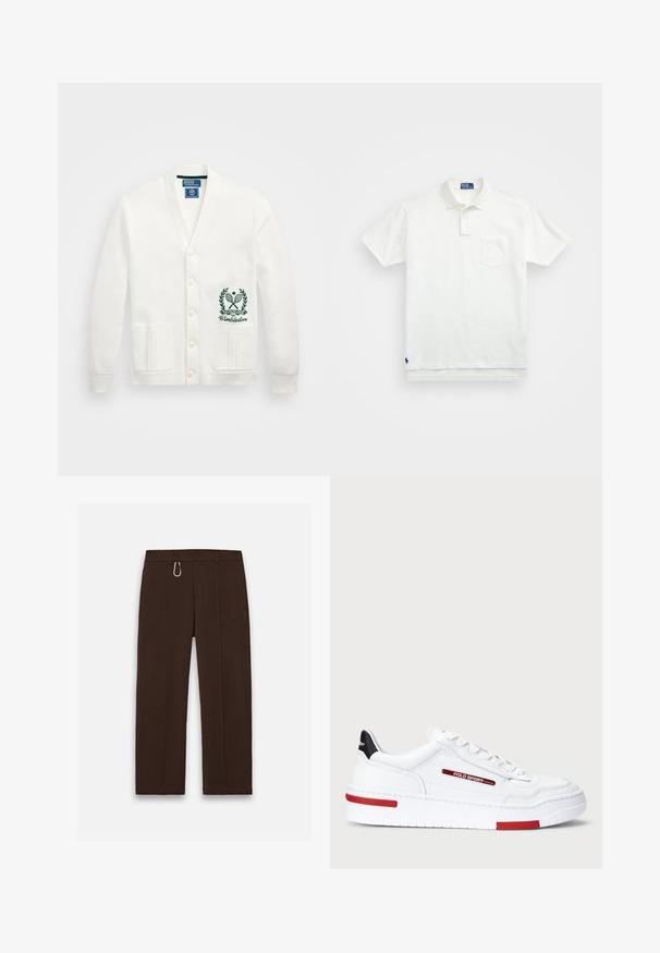 Weißer Cardigan mit V-Ausschnitt, fünf Knöpfen, zwei vorderen Taschen und einem grünen Wimbledon-Logo, das auf der linken Seite gestickt ist. Weicher Stoff.; Weißes Poloshirt aus Baumwolle, mit klassischem Kragen, Drei-Knopf-Leiste und einer linken Brusttasche; kleines Logo am Saum.; Braune, weit geschnittene Hosen aus glattem Stoff mit einem Reißverschluss und einem Karabinerclip als auffälligem Akzent, ausgestattet mit zwei Seitentaschen.; Weiße Low-Top-Sneaker mit einer glatten Ledertextur, roten und schwarzen Akzenten, gestickten Details und einer dicken weißen Sohle.