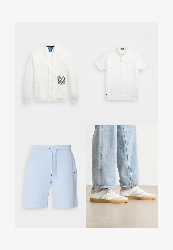 Hvid cardigan med v-hals, fem knapper, to forlommer og et grønt Wimbledon-logo broderet på venstre side. Blød stofstruktur.; Hvid polo-shirt lavet af bomuld, med en klassisk krave, tre-knaps knaplukning og en lomme på venstre bryst; lille logo ved kanten.; Lyseblå shorts lavet af blødt stof, med en elastisk talje og snoretræk samt et lille logo på forsiden.; Hvide sneakers med beige ruskindsdetaljer og lyse gummisåler; har et low-top design og tekstureret detaljering på overdelen.
