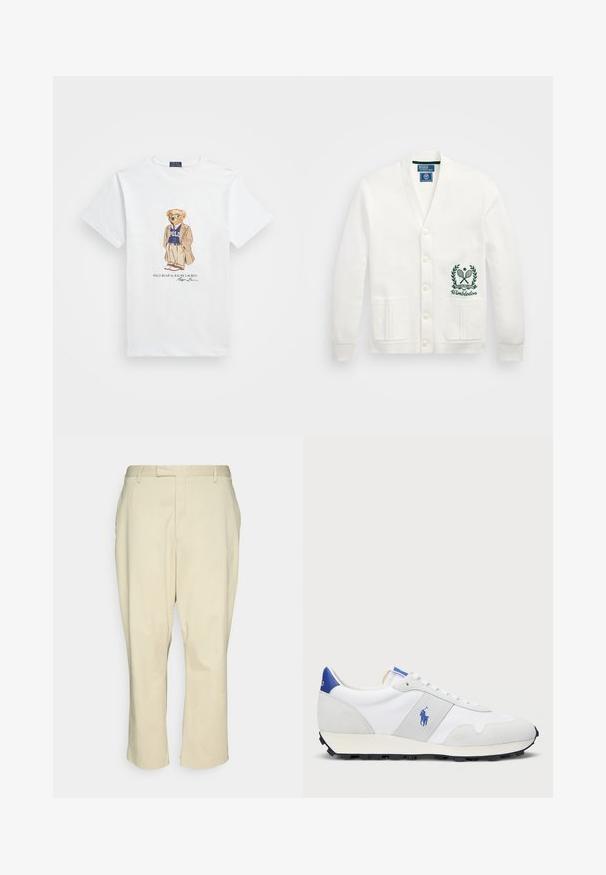 Bílý cardigan s výstřihem do V, pěti knoflíky, dvěma předními kapsami a zeleným vyšitým logem Wimbledon na levé straně. Měkká textilie.; Bílý bavlněný tričko s potiskem kresleného medvěda ve slunečních brýlích, oblečeného v saku a fialovém svetr "Polo". Pod designem je zahrnuto podpis.; Bežové bavlněné kalhoty se rovný střihem, s zipovým zapínáním, dvěma předními kapsami a čistým zpracováním bez vzorů či viditelného kování.; Bílé atletické tenisky se šedými semišovými akcenty, vrchní část z yesu, modrý pata a černá gumová podrážka. Disponují šněrováním a logem.