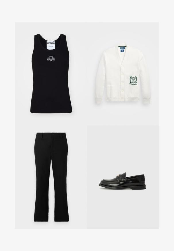 Bela jopica z V-izrezom, petimi gumbi, dvema sprednjima žepoma in zelenim logotipom Wimbledona vezenim na levi strani. Mehka tekstura tkanine.; Črn rebrast majica brez rokavov s krožnim ovratnikom, s središnjo belo vezeno logotipno zasnovo. Narejena iz mehkega, raztegljivega materiala.; Črne široke hlače iz mešanice bombaža, opremljene z gumbom za zapiranje, zanko za pas in gladko teksturo brez vidnih vzorcev.; Črne usnjene loafer čevlje za moške z zaobljenim nosom, dekorativnim šivom in majhnim sprednjim poklopcem. Ravna gumijasta podplat z minimalnim peto.