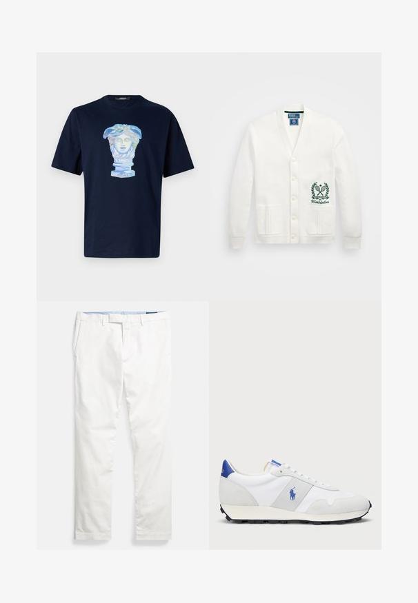 Balta kardiganas su V formos dekolte, penkiom mygtukais, dviem priekinėm kišenėm ir žalio Wimbledon logo siuvinėjimu kairėje pusėje. Minkšta audinio tekstūra.; Tamsiai mėlynas medvilninis marškinėliai su grafiniu vaizdu, vaizduojančiu klasikinę biustą pastelinių spalvų, pabrėžiantį sudėtingus detalius ir laisvą siluetą.; Baltos medvilninės chino kelnės su lygia priekiu, diržo kilpomis, šoninėmis kišenėmis ir švelniu paviršiumi, su mėlynu vidiniu juosmens ruožu.; Baltos sportinės snukerius su pilkais zomšos akcentais, tinklelio viršumi, mėlynu kulno užtrauktuku ir juodu guminėmis padais. Įrengtas raištelių uždarymu ir logotipu.