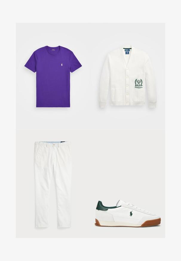 Cardigã branco com decote em V, cinco botões, dois bolsos frontais e um logótipo verde de Wimbledon bordado no lado esquerdo. Textura de tecido suave.; Polo Ralph Lauren CUSTOM SLIM FIT JERSEY CREWNECK T-SHIRT - T-shirt básica - purple cactus; Chinos brancos feitos de algodão, com frente lisa, passadores de cinto, dois bolsos laterais e um único bolso traseiro. Textura suave com perna reta.; Sapatilha branca com detalhes em pele verde e sola em borracha bege. Apresenta um corpo em tecido e um logótipo proeminente na lateral. Design com atacadores.