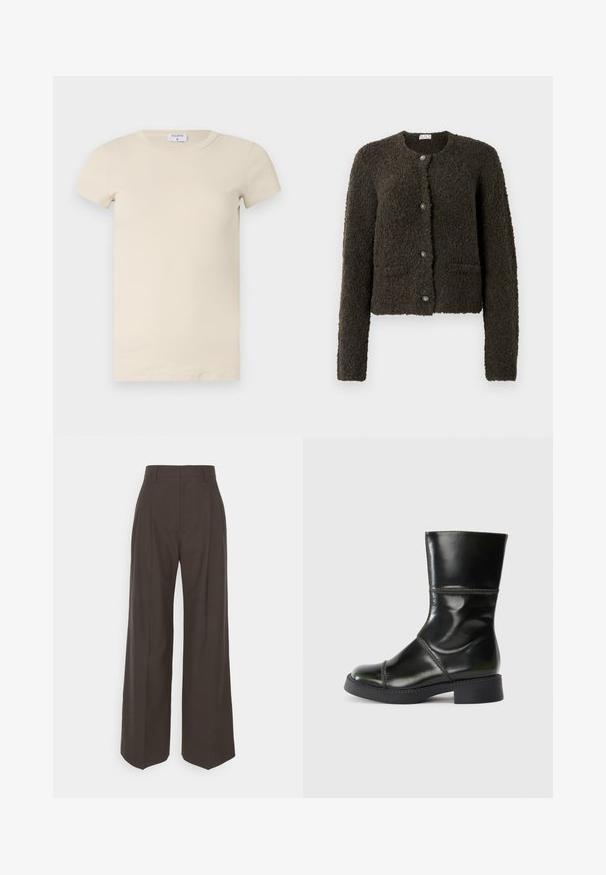Kort, mørk grønn cardigan med strukturert overflate, rund halsutskjæring og fem knapper. Har to frontlommer og lange ermer.; Kremfarget ribbestrikket T-skjorte med korte ermer og rund hals, laget av myk, elastisk stoff. Enkel design og tettsittende fasong.; Mørkebrun vidde bukser med høy midje, utstyrt med pent pressede folder, glatt tekstur og skreddersydd passform.; Svart lær ankelstøvel med rund tå, glatt finish, kontraststing, og en blokkhæl, med en lett avsmalnende silhuett.