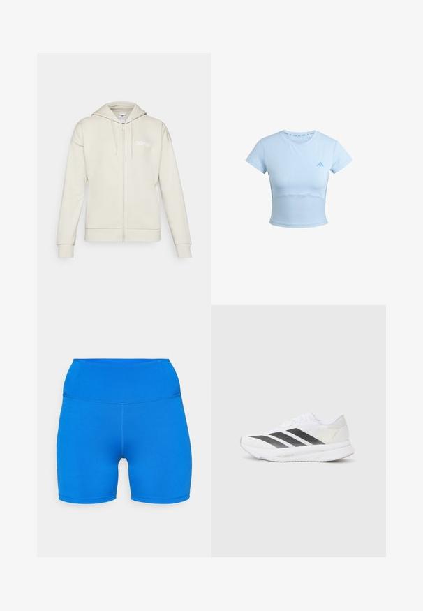 Felpa con zip di un morbido tessuto beige chiaro. Caratterizzata da un cappuccio, tasche frontali e un logo bianco di adidas sul lato sinistro del petto.; T-shirt atletico azzurro chiaro, cropped, con maniche corte, sezione inferiore a costine e logo discreto sul petto. Tessuto liscio, design aderente.; Shorts sportivi blu realizzati in un tessuto elastico e traspirante. Caratterizzati da vita alta e design senza cuciture, ideali per comfort e libertà di movimento.; Scarpa sportiva bianca con strisce diagonali nere, tomaia in rete, punta arrotondata e suola testurizzata. Gli accenti includono un tallone argentato e un design minimalista.