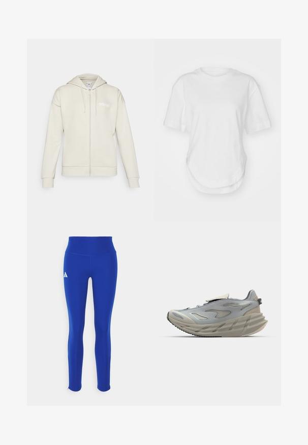 Lichtbeige ritshoodie van zacht materiaal. Beschikt over een capuchon, voorzakken en een wit adidas-logo op de linkerkant van de borst.; Witte katoenen t-shirt met een ronde halslijn, korte mouwen en een afgeronde zoom. Gladde textuur zonder patronen of accenten.; Blauwe sportleggings met een hoge taille, gemaakt van rekbaar materiaal, met een wit logo op de linkerdij en discrete zomen.; Grijze sportshoe met een gestroomlijnd ontwerp, voorzien van een textuur bovenwerk, zichtbare veters, een dempende middenzool en een gevormde buitenzool.